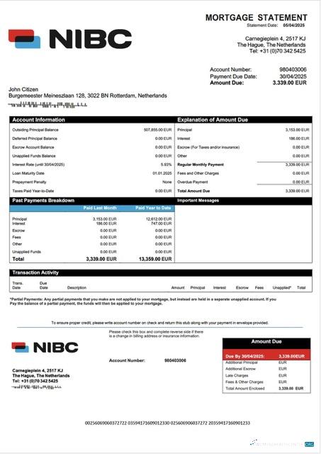Download Netherlands NIBC Bank mortgage statement Word and PDF template Photoshop template